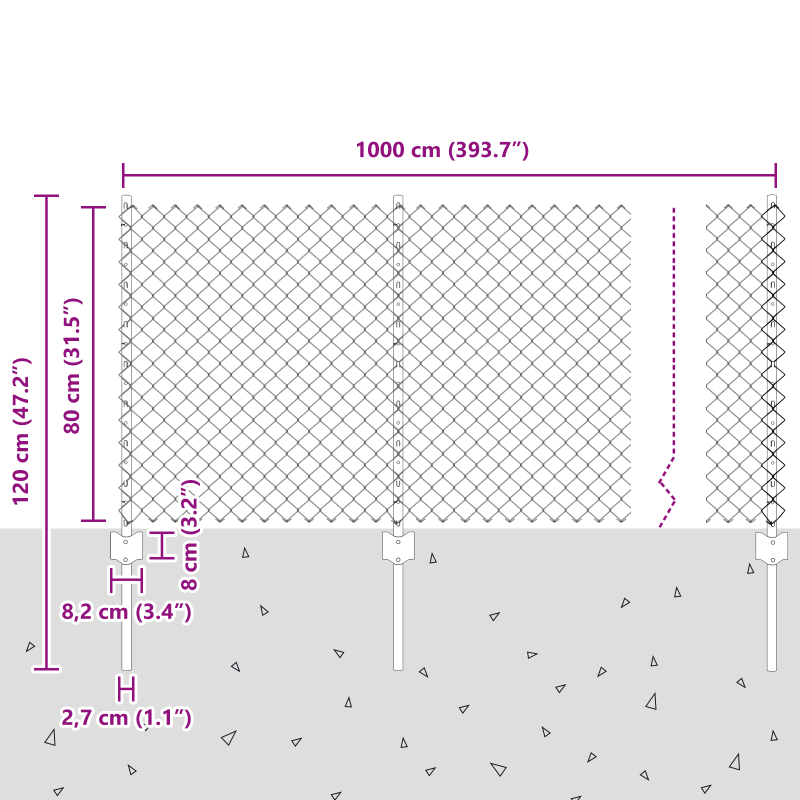 Kettengliedzaun mit 10 U-Posts Silber 0.8x10 m Stahl