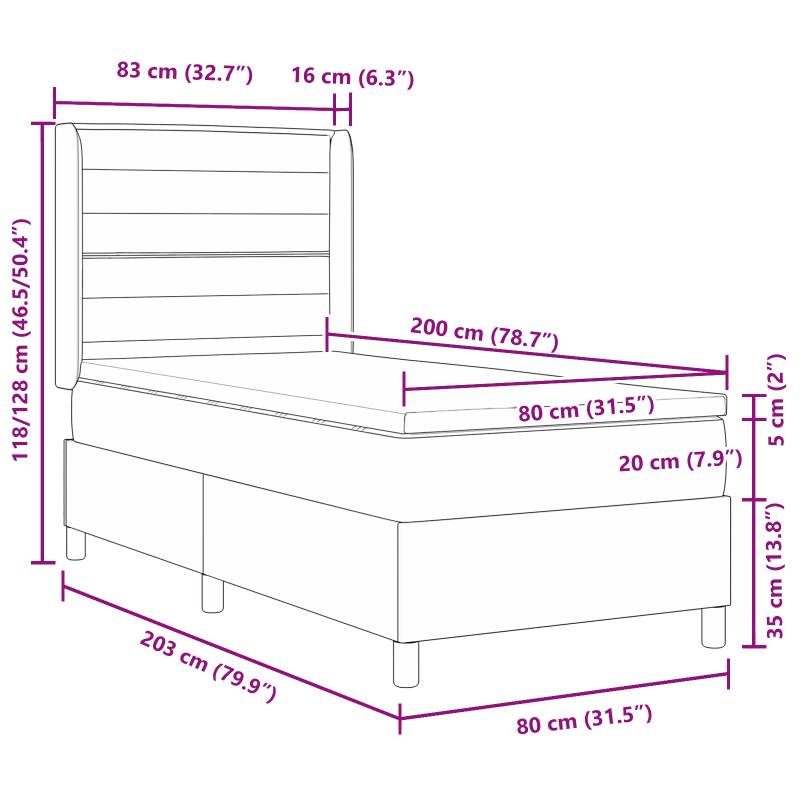 Boxspringbett mit Matratze - Schwarz, 80x200 cm, Stoff