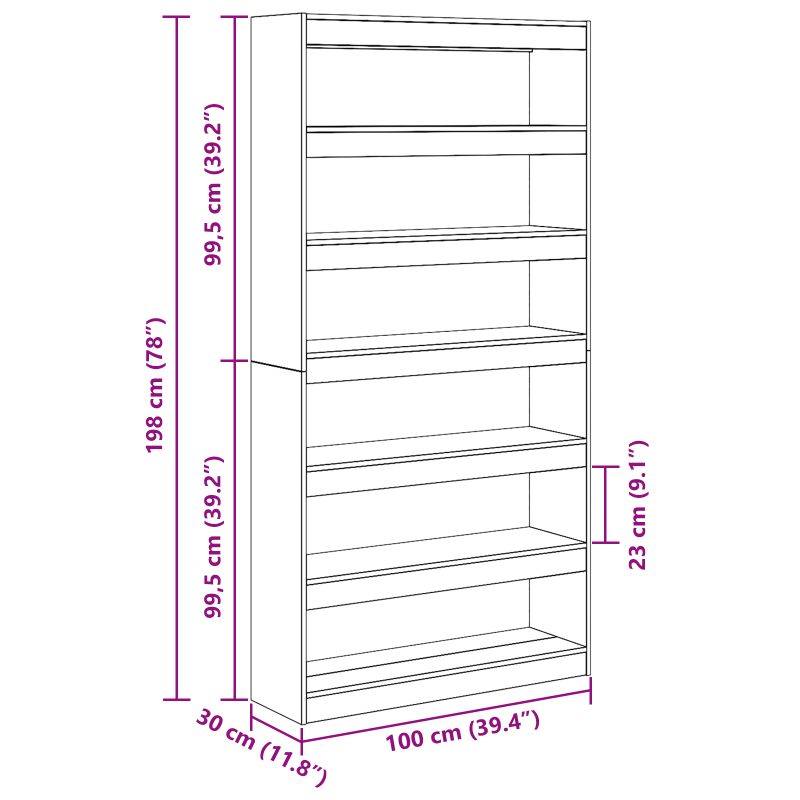 Bücherregal/Raumteiler Schwarz Eiche 100x30x198 cm Holzwerkstoff