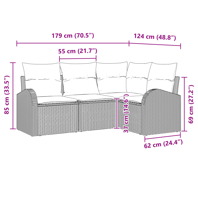 4-teiliges Garten Sofa Set mit Kissen Beige Poly Rattan