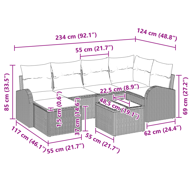 5-teiliges Garten Sofaset mit Kissen Braunes Poly Rattan