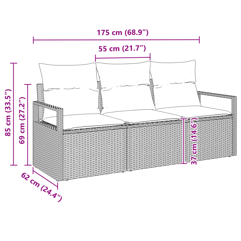 9-teiliges Garten Sofa Set mit Kissen Braun Poly Rattan
