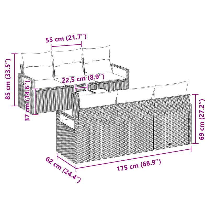 7-teiliges Garten-Sofa-Set mit Kissen Schwarz Poly-Rattan