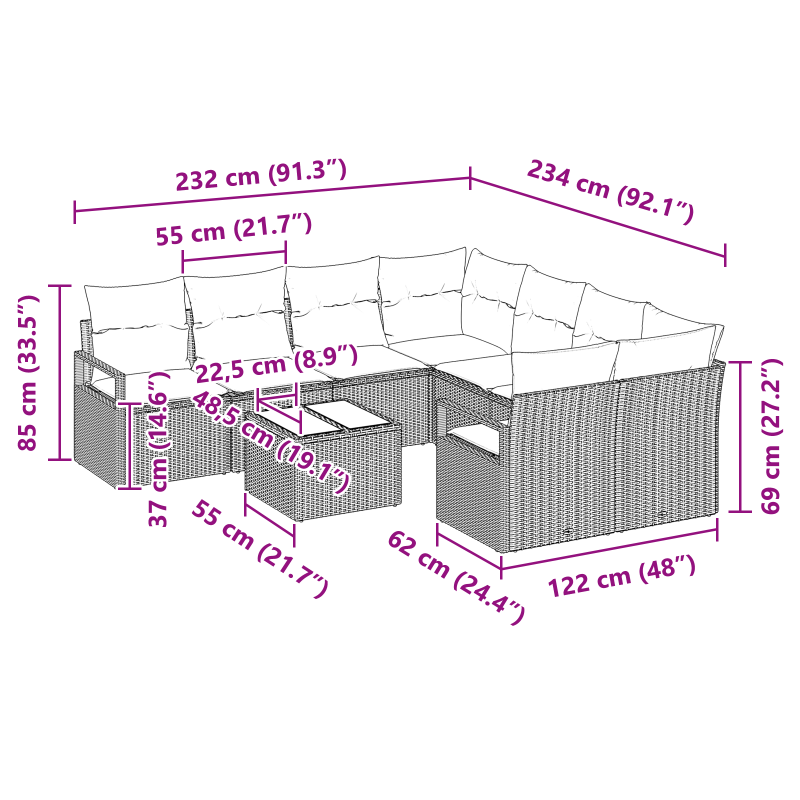 9-teiliges Garten-Sofa-Set mit Kissen Schwarz Poly Rattan
