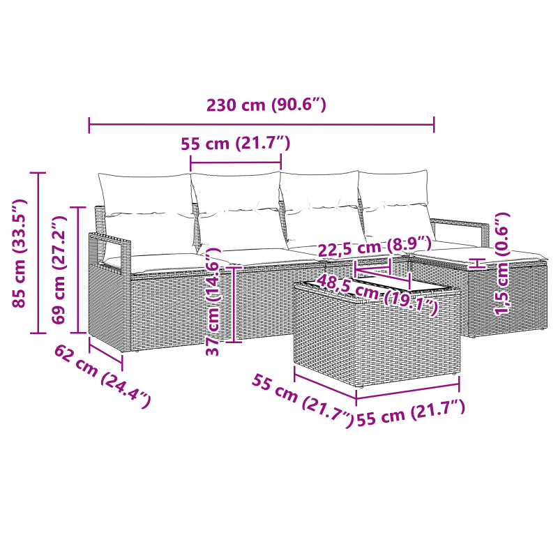 5-teiliges Garten Sofa Set mit Kissen Grau Poly Rattan