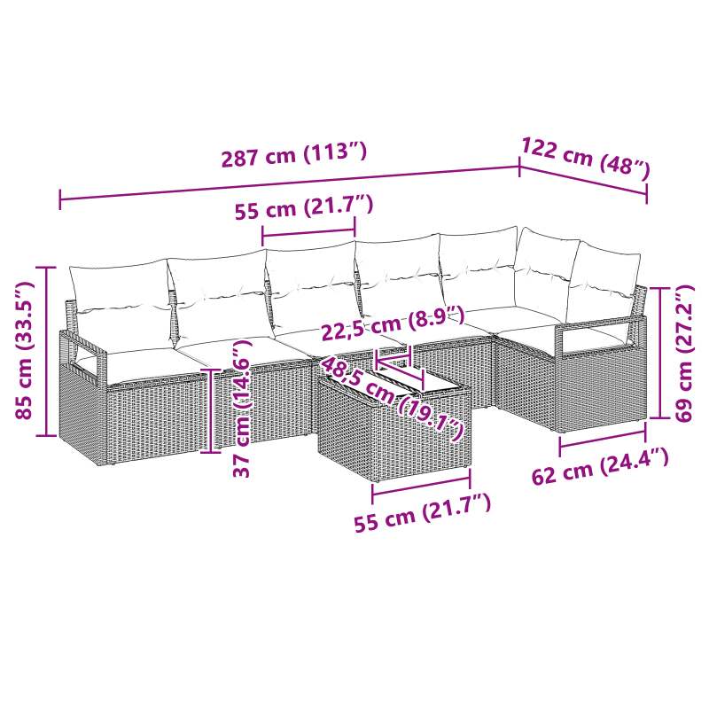 6-teiliges Garten-Sofa-Set mit Kissen aus beigem Poly-Rattan