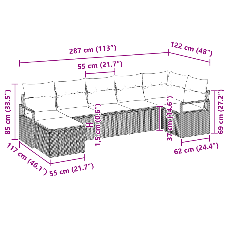 6-teiliges Garten Sofa Set mit Kissen Schwarz Poly Rattan