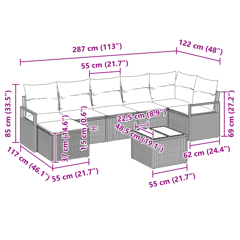6-teiliges Garten Sofa Set mit Kissen Braun Poly Rattan