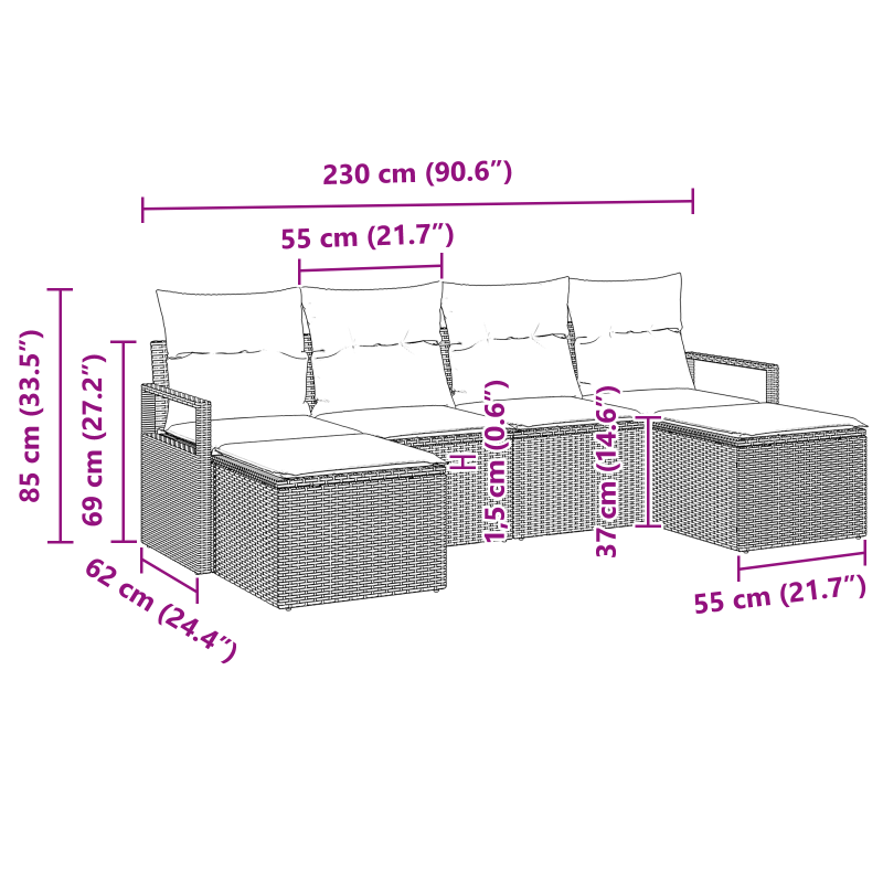 6-teiliges Garten-Sofaset mit Kissen Schwarz Poly-Rattan