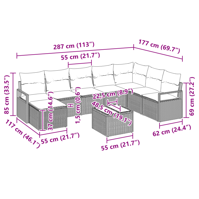 9-teiliges Garten-Sofa-Set mit Kissen, schwarzes Poly-Rattan