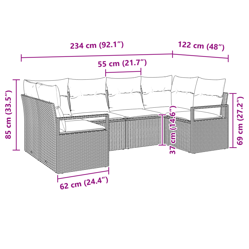 6-teiliges Garten Sofa Set mit Kissen Schwarz Poly Rattan
