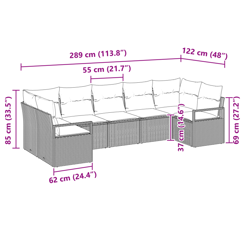 7-teiliges Garten-Sofa-Set mit Kissen in Braun Polyrattan