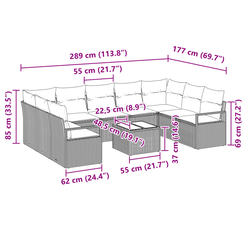 9-teiliges Garten Sofa Set mit Kissen Braun Poly Rattan