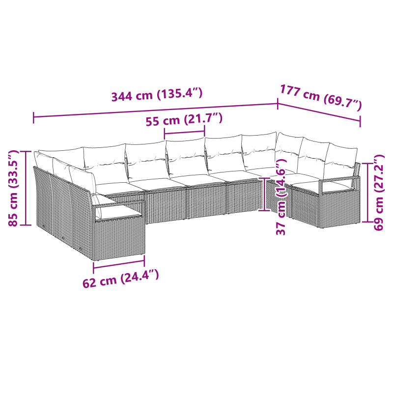 9-teiliges Garten-Sofa-Set mit Kissen Braun Poly Rattan