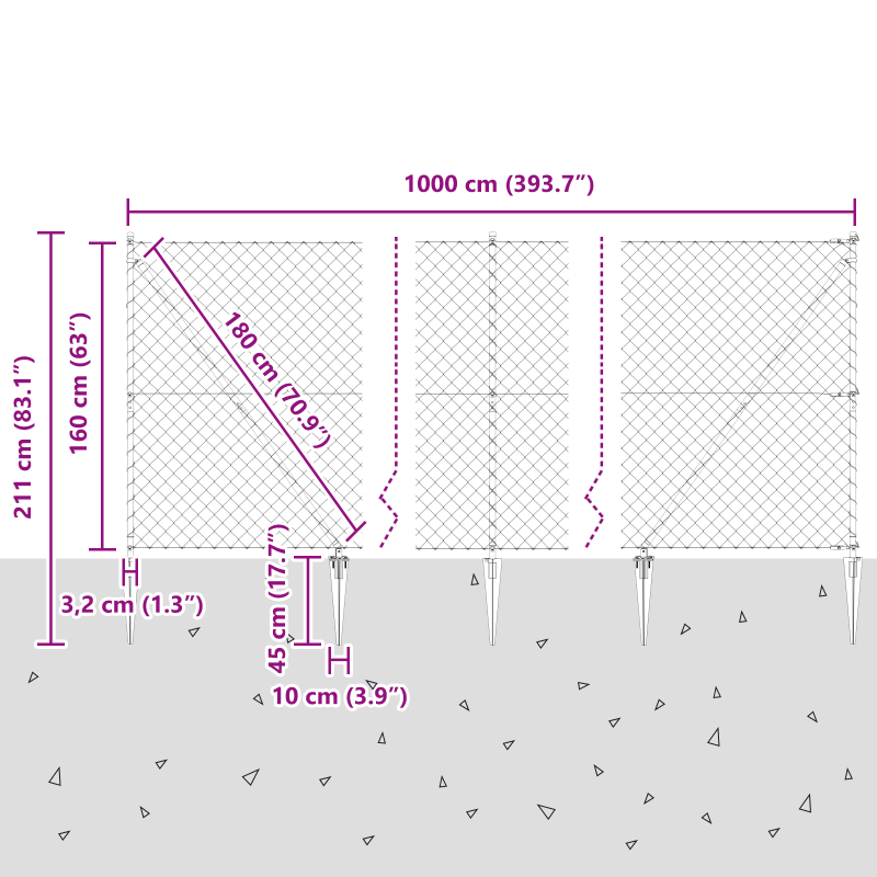 Maschendrahtzaun mit 7 Spitzenpfählen 1.6x10 m Verzinkter Stahl