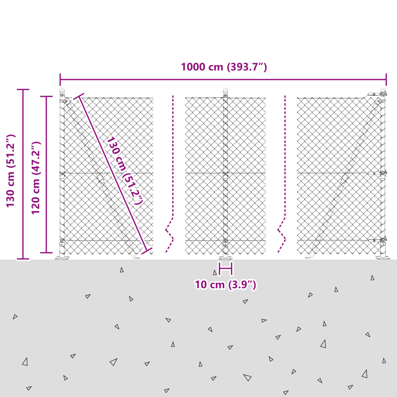 Kettenzaun mit 7 Flanschpfosten 1,2x10 m Verzinkter Stahl