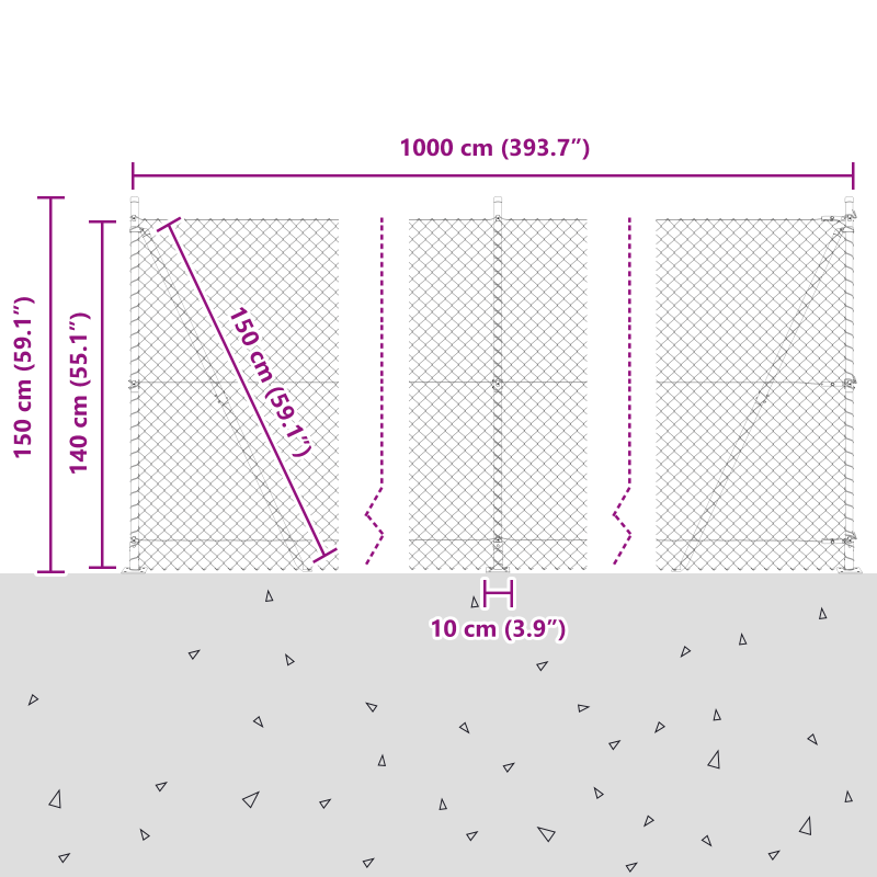 Kettengitterzaun mit 7 geflanschten Pfosten 1,4x10 m verzinkter Stahl