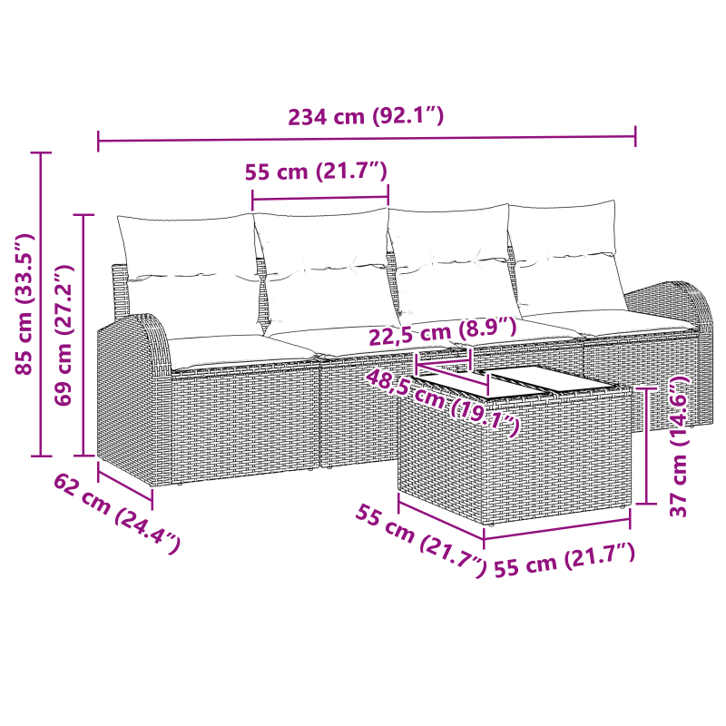 5-teiliges Garten Sofa Set mit Kissen Schwarzes Poly Rattan