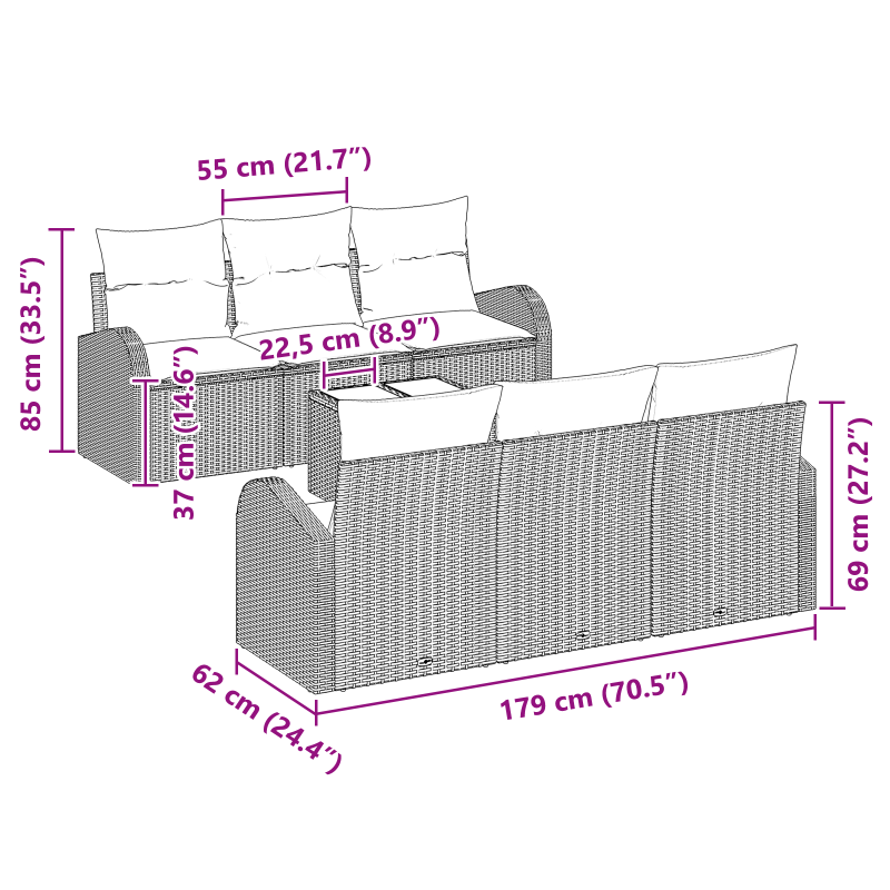 7-teiliges Garten Sofa Set mit Kissen Schwarz Poly-Rattan