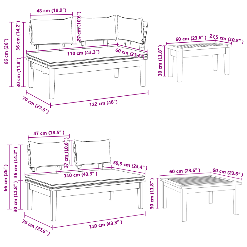5-teiliges Garten Esstisch Set mit Kissen aus massivem Teakholz
