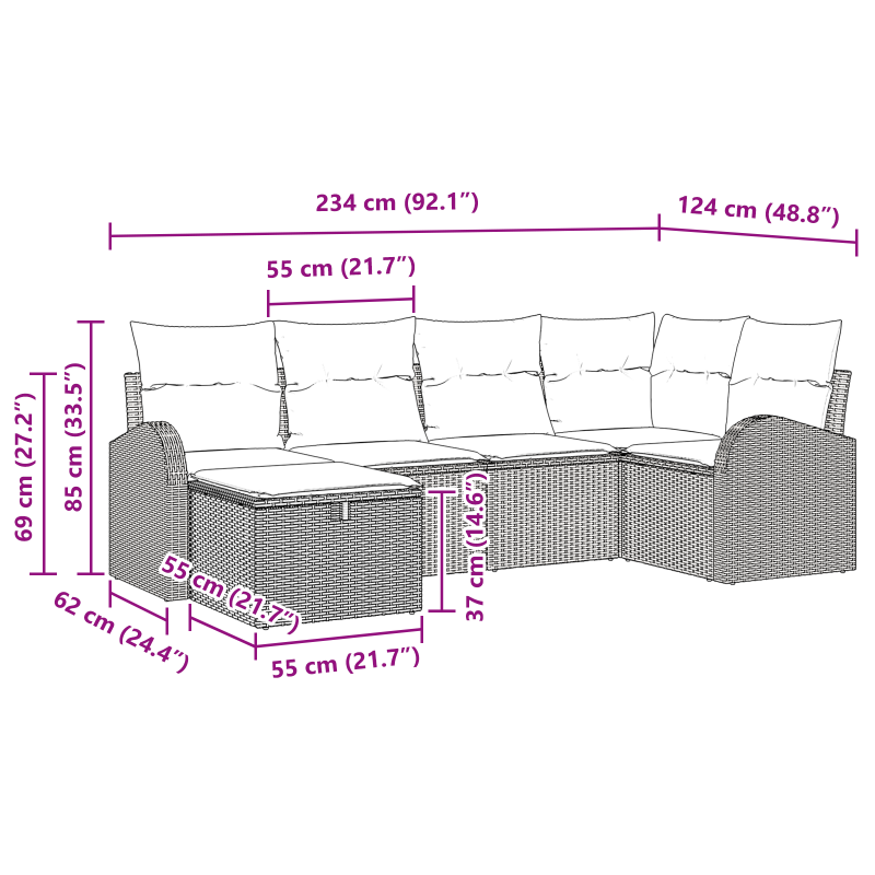 9-teiliges Garten-Sofa-Set mit Kissen, schwarzes Poly-Rattan
