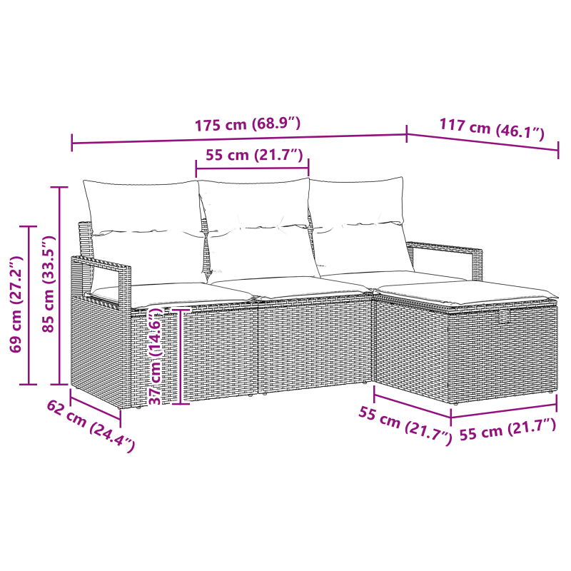 4-teiliges Garten Sofa Set mit Kissen Schwarz Poly Rattan