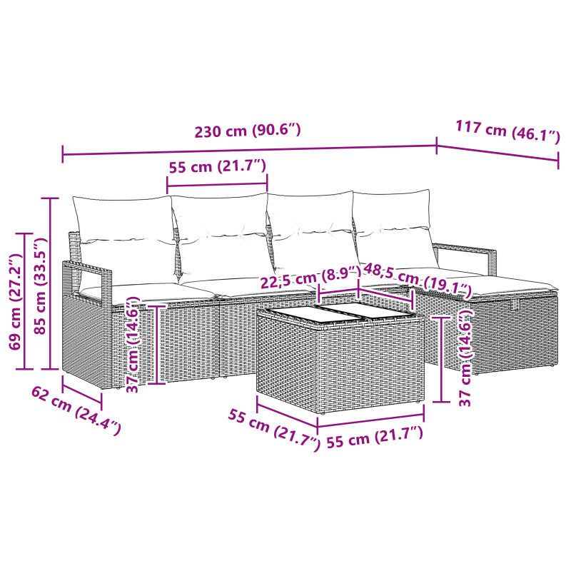 6-teiliges Garten Sofa Set mit Kissen Schwarz Poly Rattan