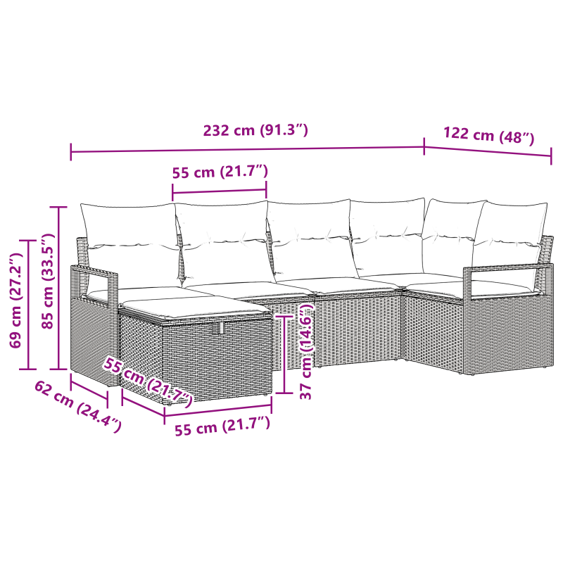 6-teiliges Garten Sofa Set mit Kissen schwarzes Poly-Rattan