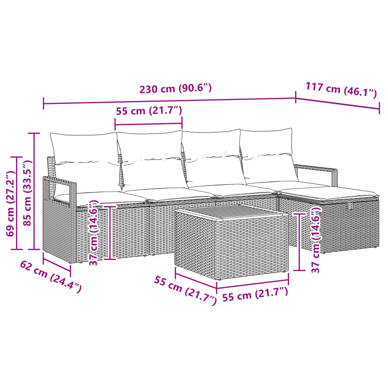 6-teiliges Garten Sofa Set mit Kissen Schwarz Poly Rattan