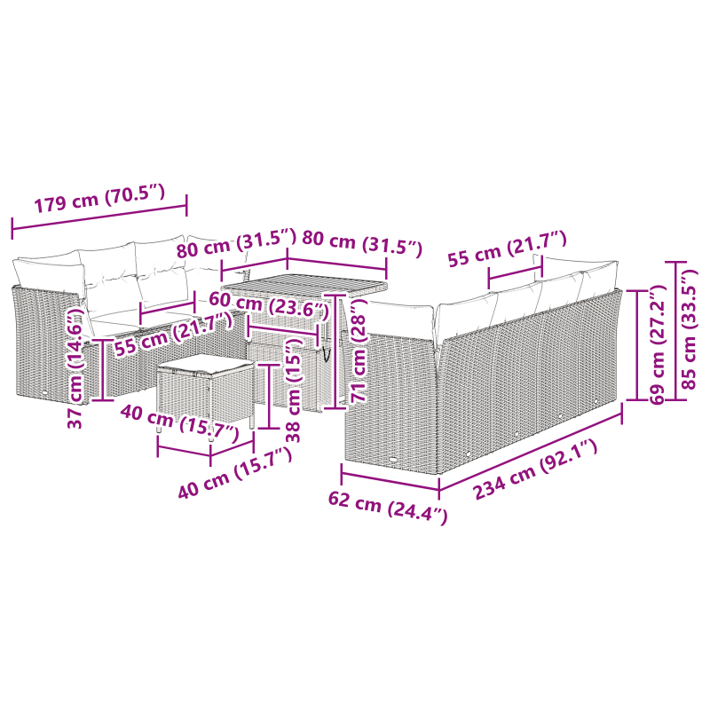 7-teiliges Garten Sofa Set mit Kissen Schwarz Poly-Rattan