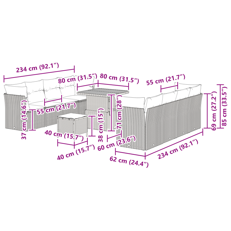 7-teiliges Garten-Sofa-Set mit Kissen in Braun Polyrattan
