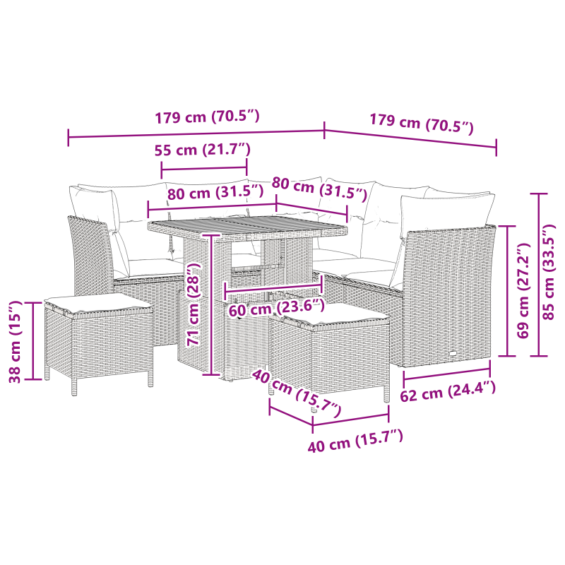 9-teiliges Garten-Sofa-Set mit Kissen - Schwarzes Poly-Rattan
