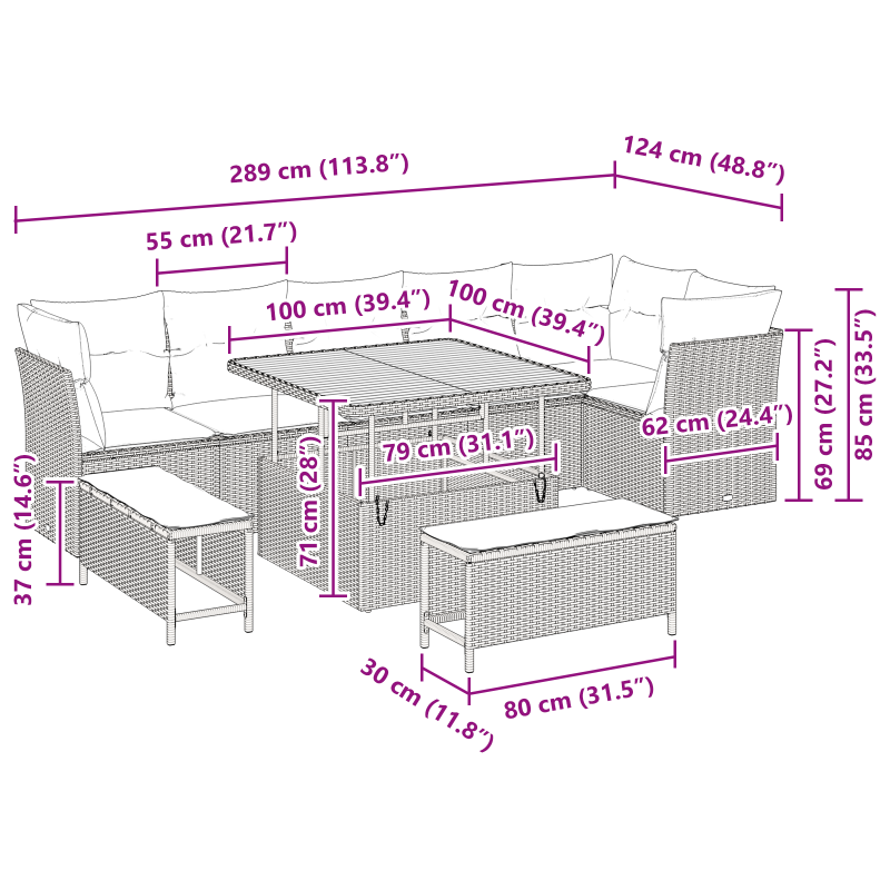 9-teiliges Garten Sofa Set mit Kissen, Braunes Poly-Rattan
