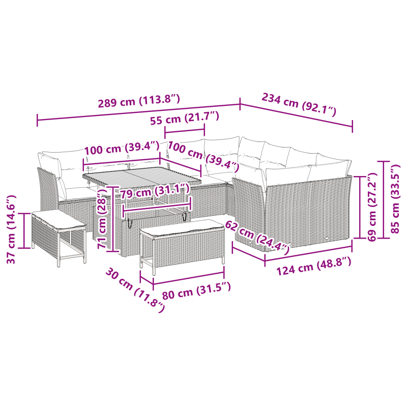 12-teiliges Garten Sofa Set mit Kissen Beige Poly Rattan Akazie