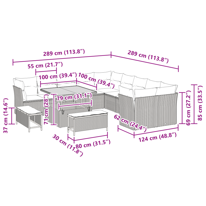 13-teiliges Garten Sofa Set mit Kissen in Beige aus Poly Rattan und Akazie