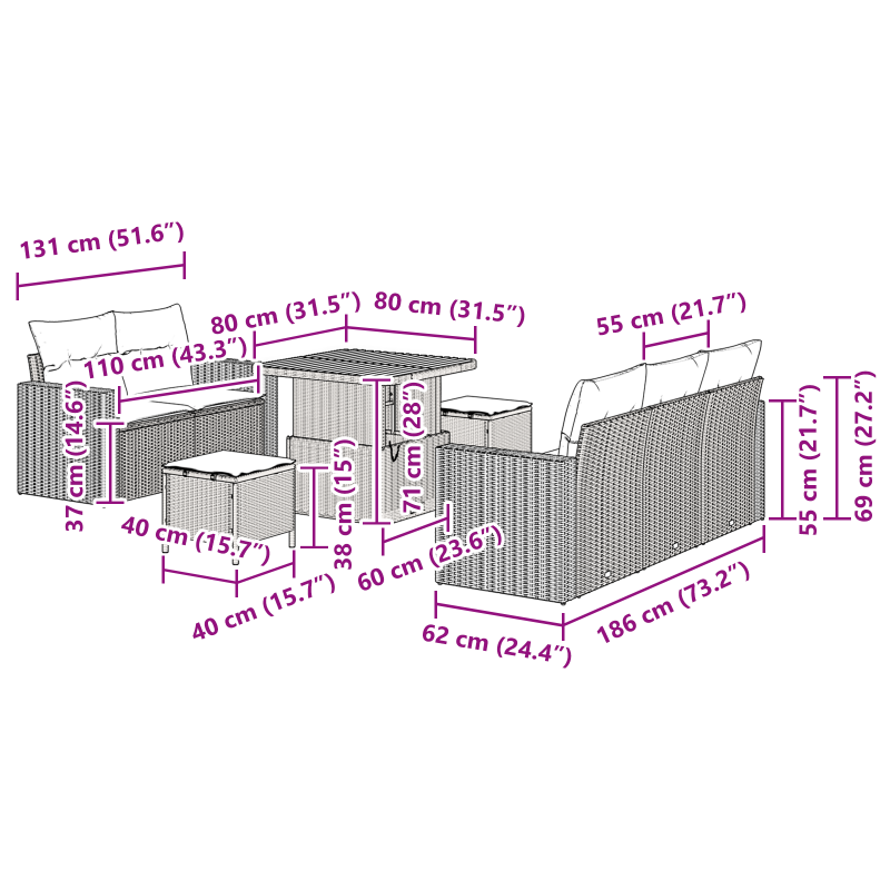 8-teiliges Garten Sofa Set mit Kissen Beige Poly Rattan Akazie