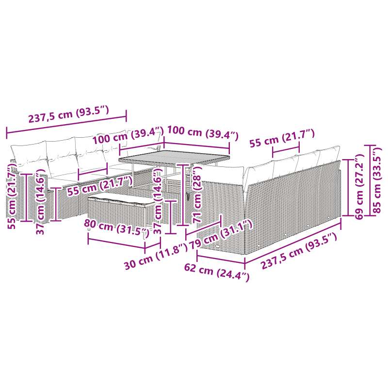 9-teiliges Garten Sofa Set mit Kissen Braun Poly Rattan