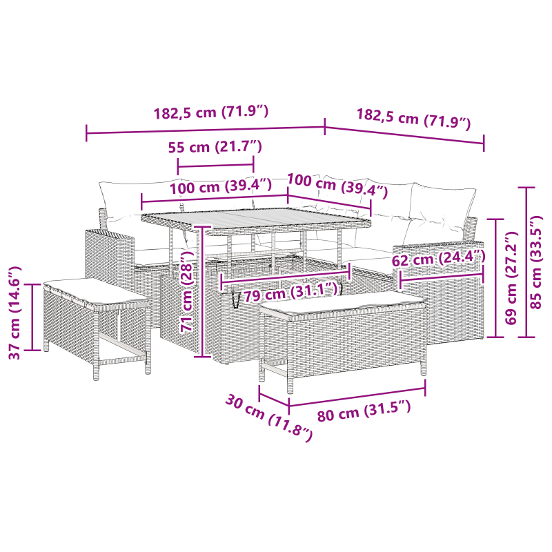 8-teiliges Garten Sofa Set mit Kissen Beige Poly Rattan Akazie