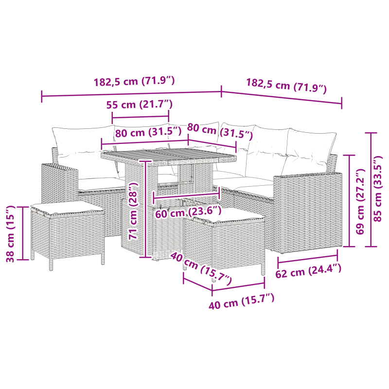 9-teiliges Garten-Sofaset mit Kissen Grau Poly Rattan