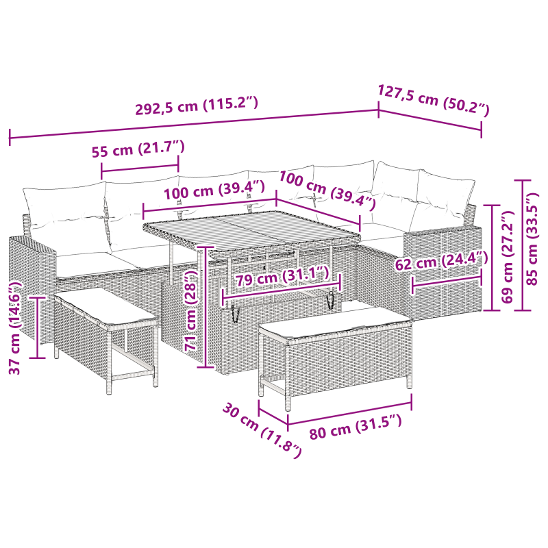 4-teiliges Garten Sofa Set mit Kissen Grau Poly Rattan