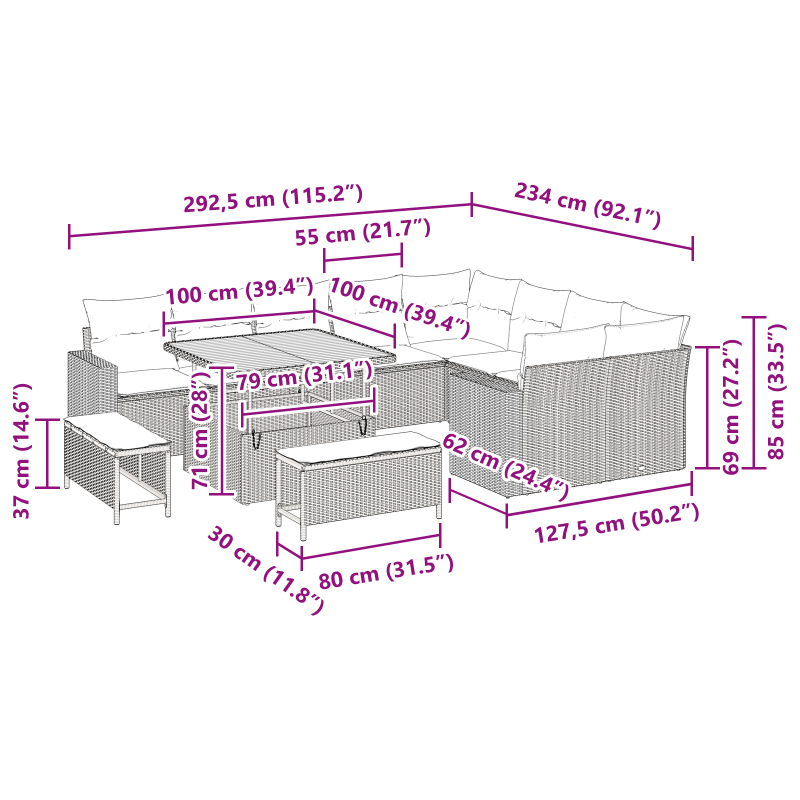 12-teiliges Garten-Sofa-Set mit Kissen Beige Poly Rattan Akazie