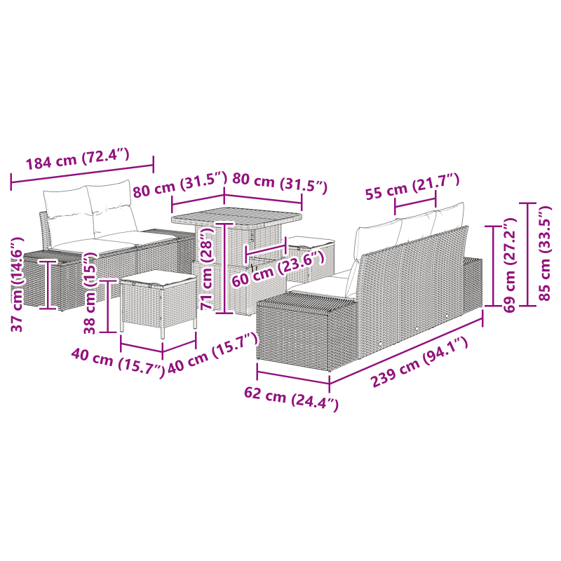 8-teiliges Garten Sofa Set mit Kissen Schwarz Poly Rattan Akazie