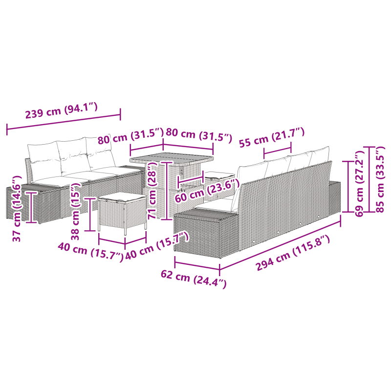10-teiliges Garten Sofa Set mit Kissen Schwarz Poly-Rattan Akazie