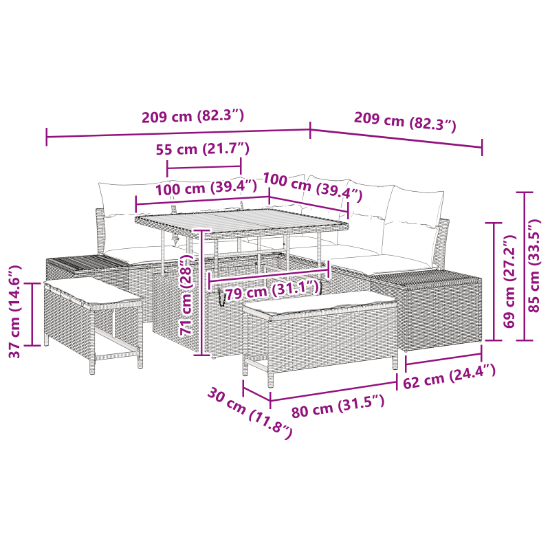 8-teiliges Garten Sofa Set mit Kissen Beige Poly-Rattan Akazie