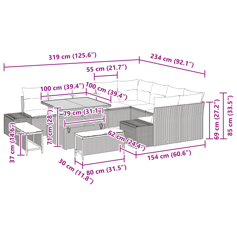 12-teiliges Garten-Sofa-Set mit Kissen in Beige Poly Rattan Akazie