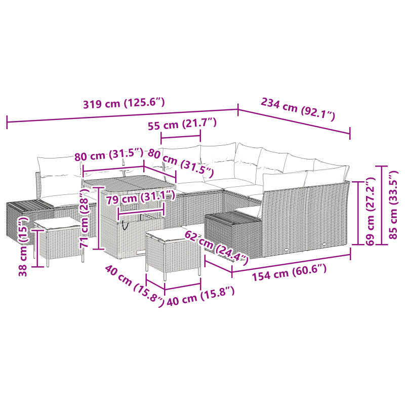 12-teiliges Garten-Sofa-Set mit Kissen Beige Poly-Rattan Akazie