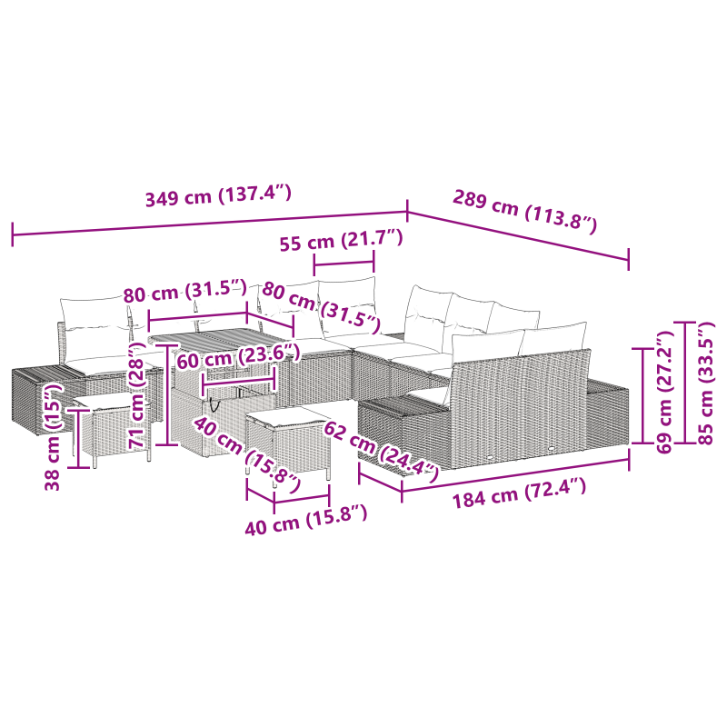 13-teilige Garten Sofa Set mit Kissen Schwarz Poly Rattan Akazie