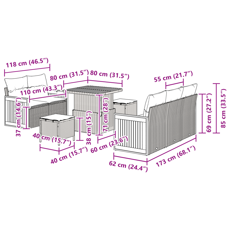 8-teiliges Garten-Sofa-Set mit Kissen Beige Poly Rattan Akazie