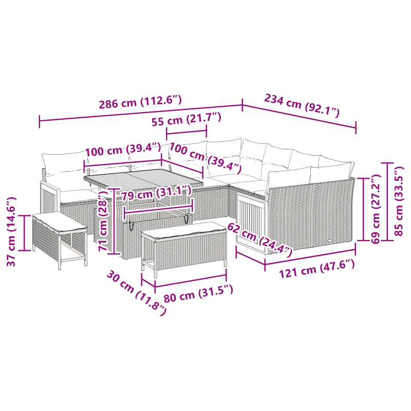 12-teiliges Garten Sofaset mit Kissen Beige Poly-Rattan Akazie
