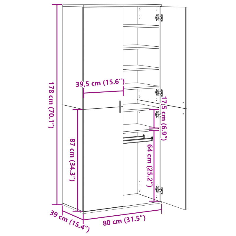 Hochboard Schwarze Eiche 80x39x178 cm Holzwerkstoff